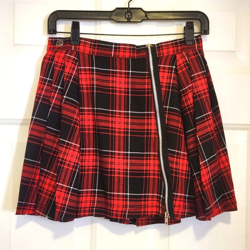 Punk 90s Dogpile Plaid Pleated Mini Skirt with Zipper Detail Size S/27" Tartan